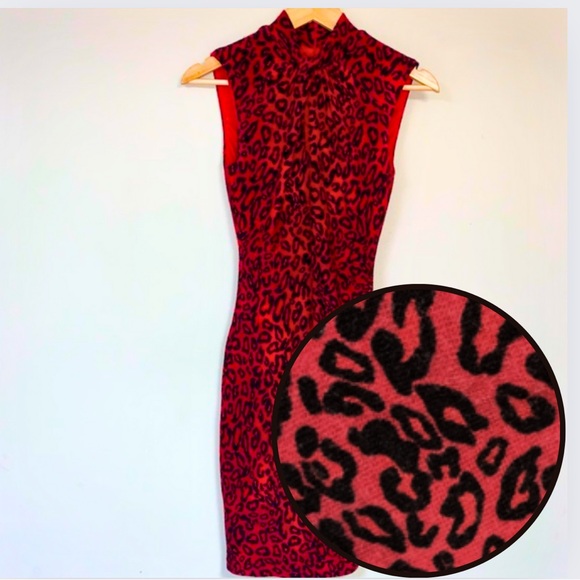 Cache Dresses & Skirts - CACHE Sexy Red Leopard Dress Womens Small Animal Print Bodycon Twist Neck Sheath